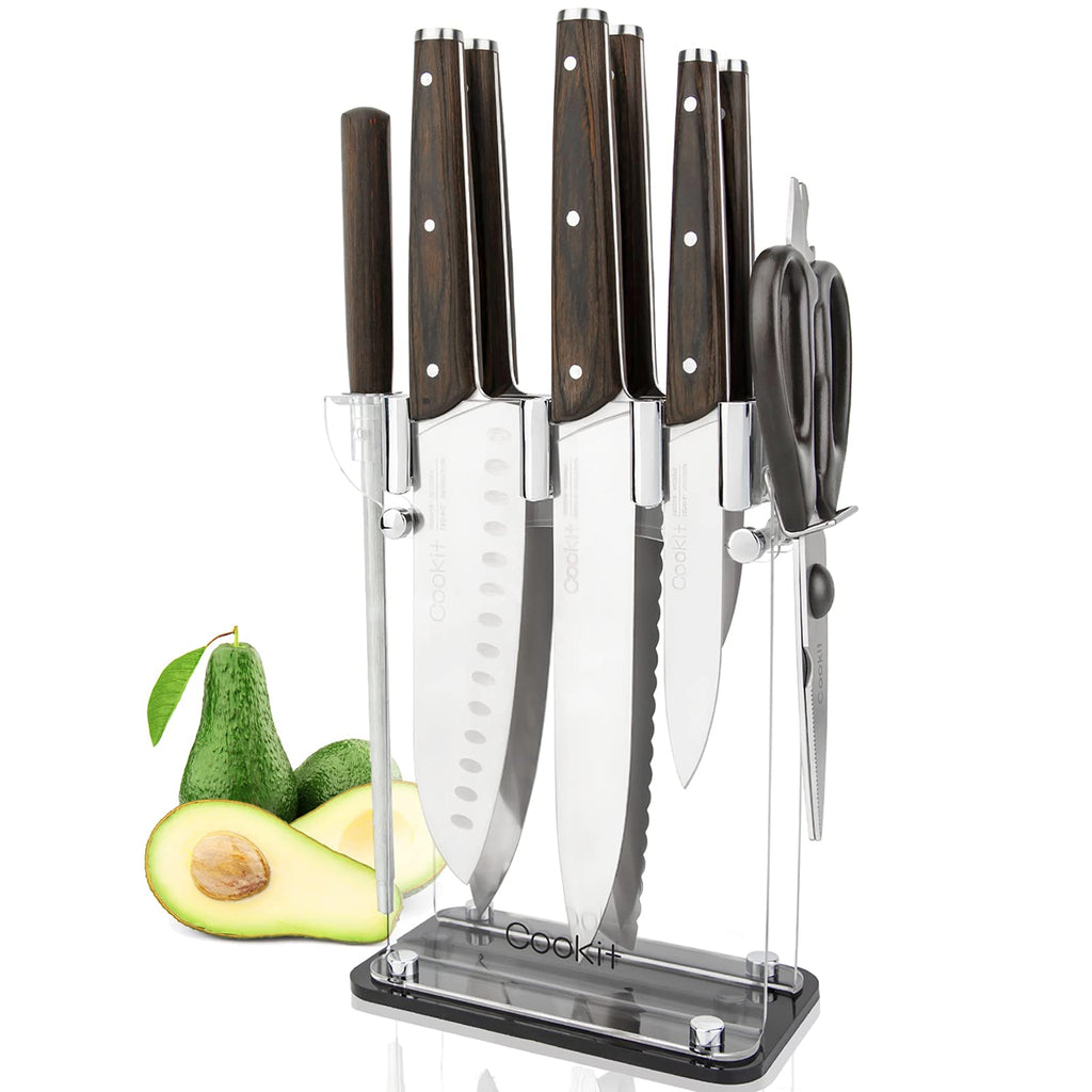  Kitchen Damascus Knife Set, 9-Piece Kitchen Knife Set with  Block, Non-slip G10 Ergonomic Triple Rivet Handle for Chef Knives, Knife  Sharpener and Kitchen Shears, Natural Wood Block (Brown/Grey): Home &  Kitchen